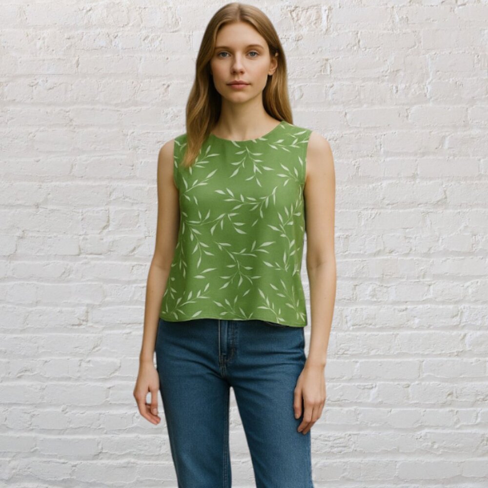 NEW NOTATIONS -- Olive Green Blouse, White Leaf Design, Sleeveless, Loose, Flowy